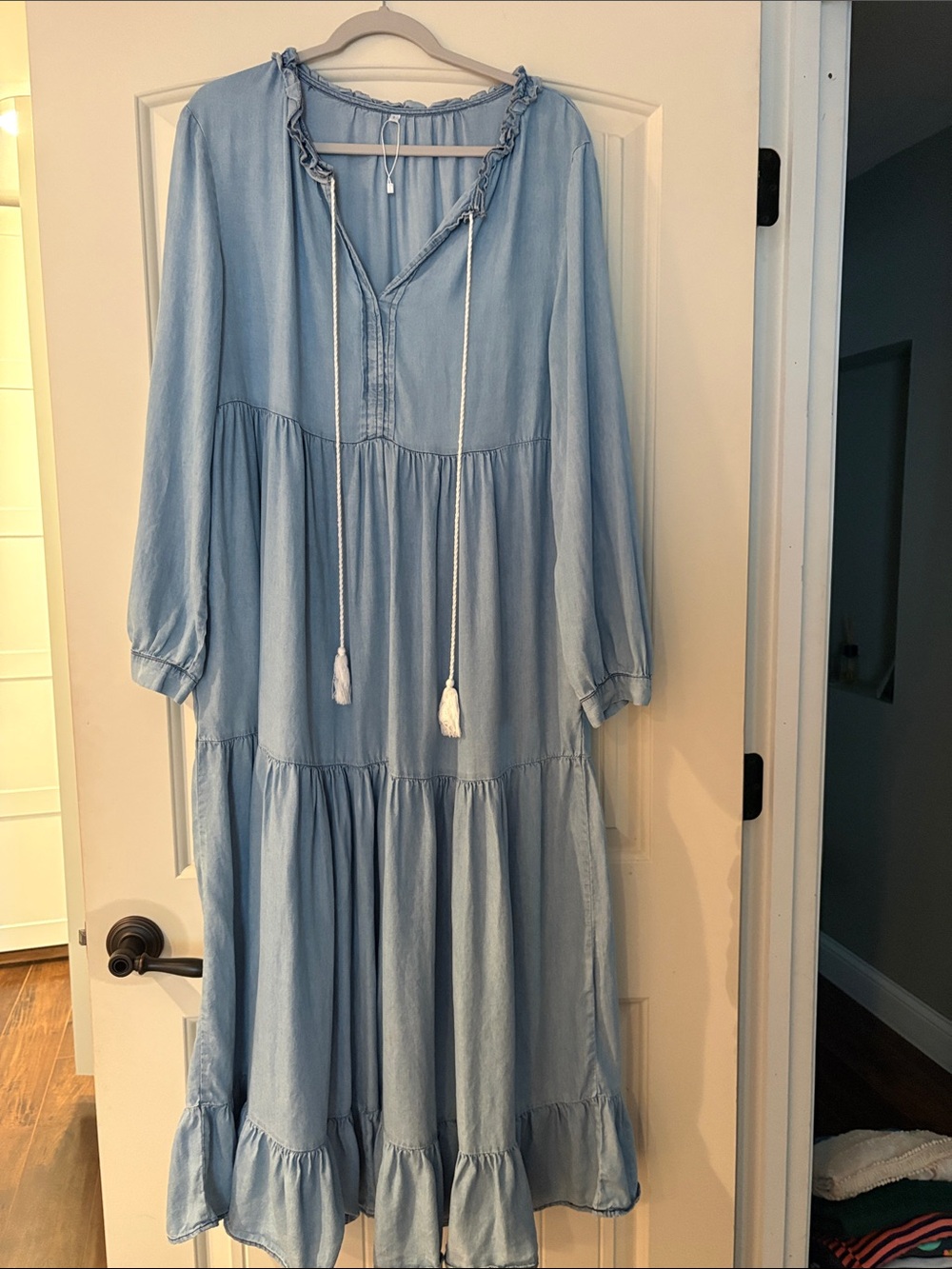 Boutique Light Blue Chambray Tiered Peasant Dress with Tassel Tie